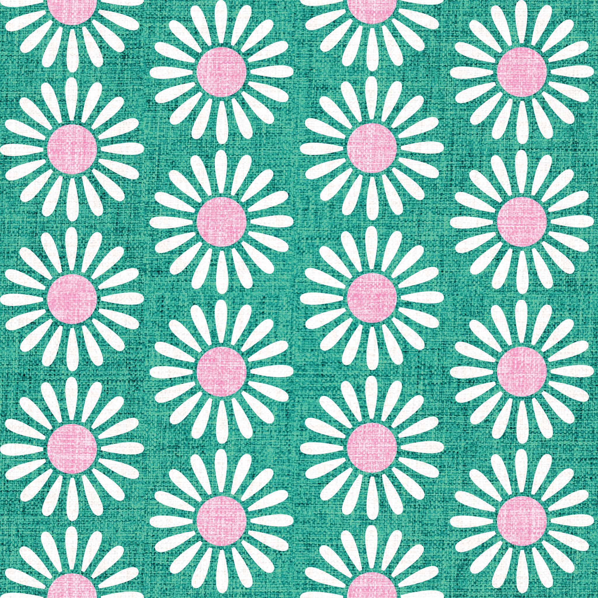 Pattern of pink and white sunflowers on a teal background